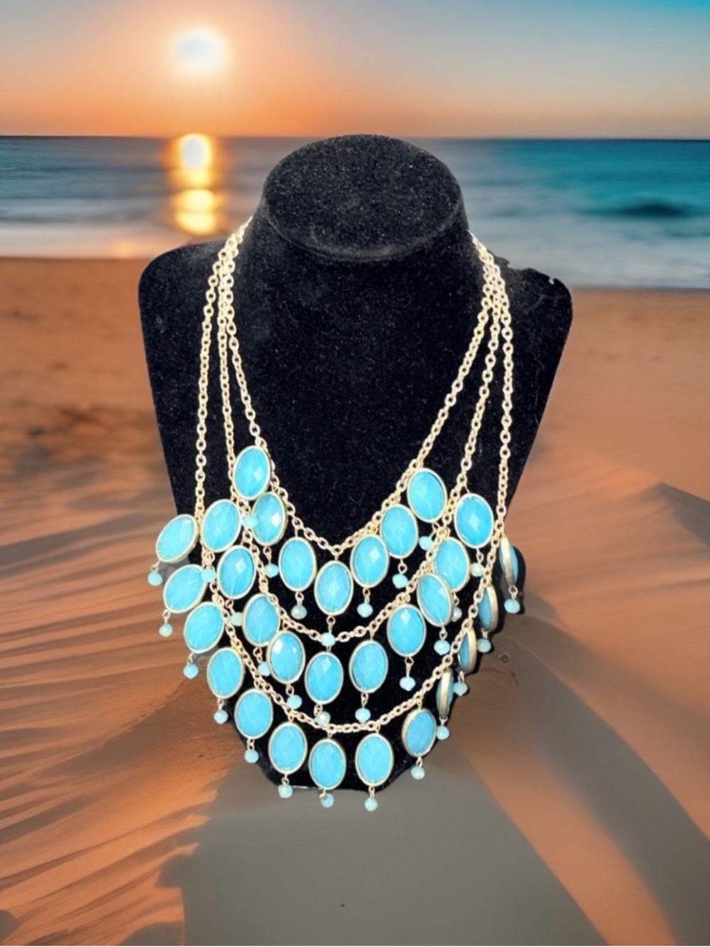 Turquoise Blue Faceted Oval Stone Multi Strand Bib Statement Necklace GLOWS